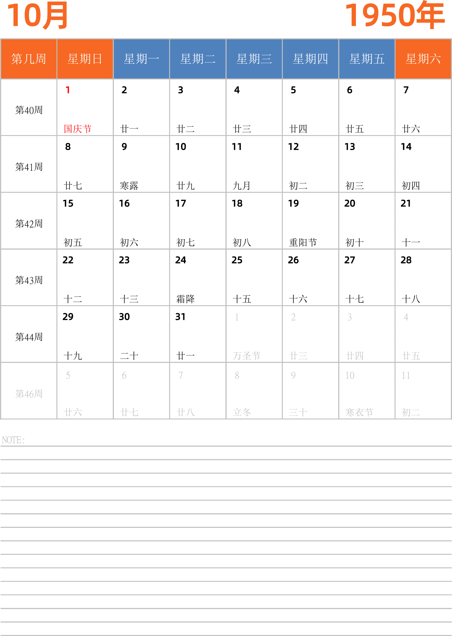 日历表1950年日历 中文版 纵向排版 周日开始 带周数